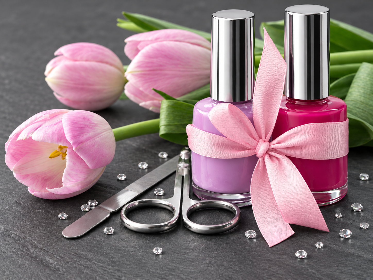 Rosa och lila nagellack med blommor och manikyrverktyg